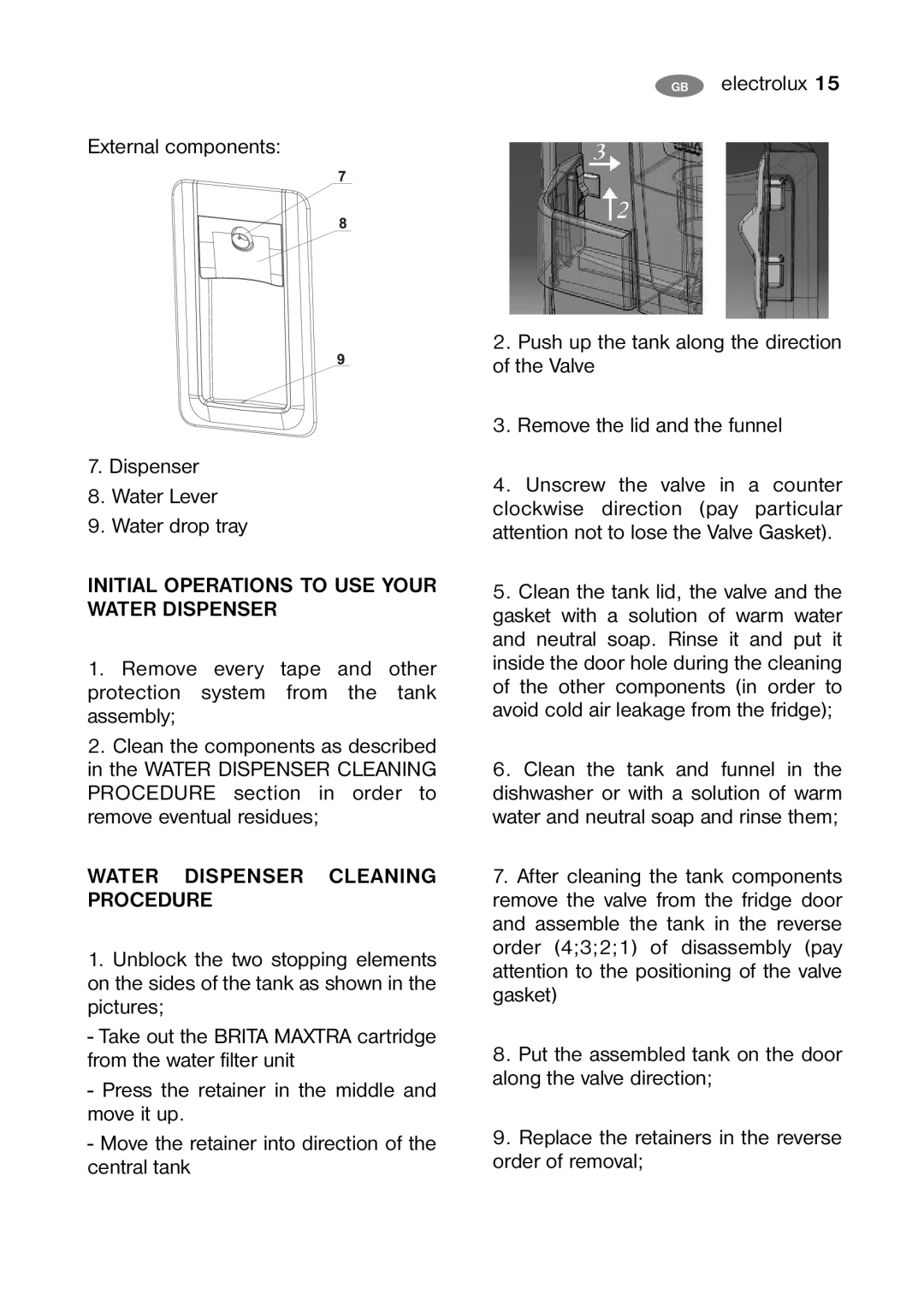 Electrolux ENB 40405 W, ENB 40405 S Initial Operations To Use Your Water Dispenser, Water Dispenser Cleaning Procedure 