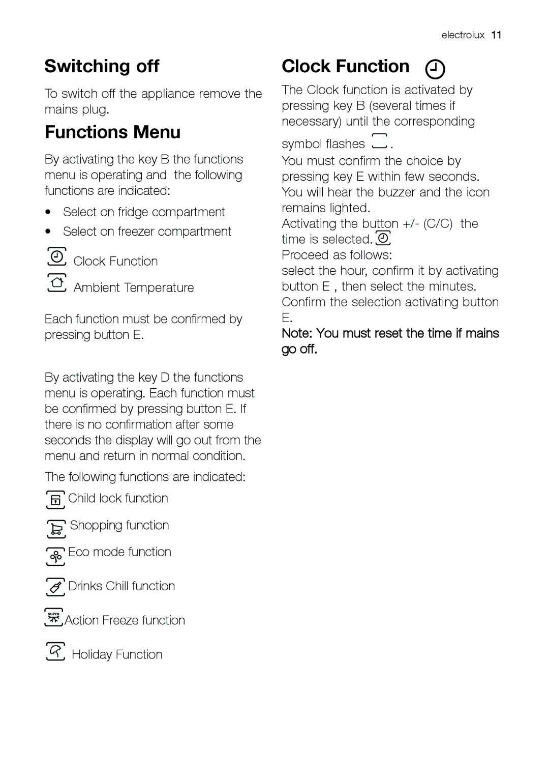 Electrolux ENB 43693 X user manual Switching off, Functions Menu, Clock Function 