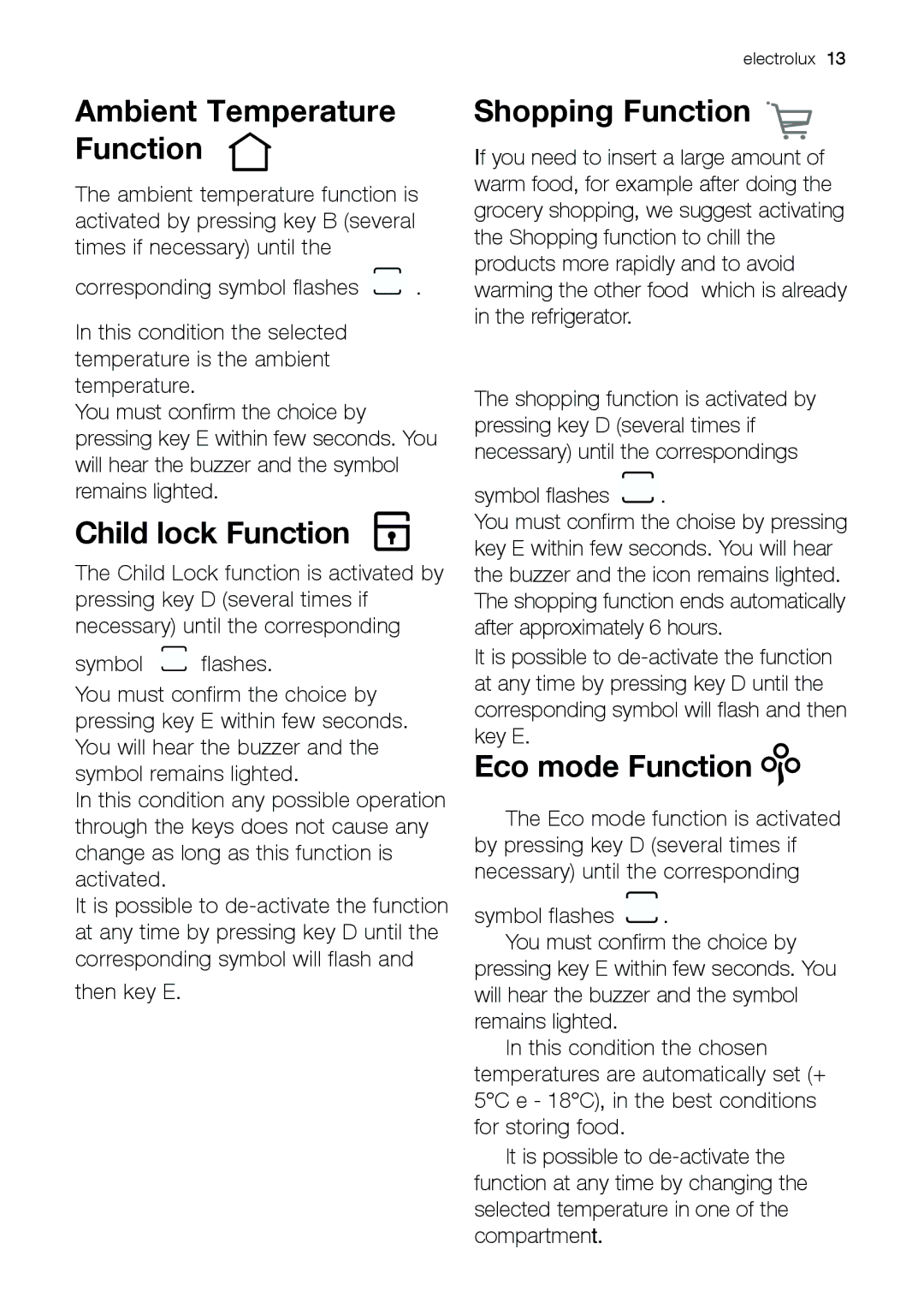 Electrolux ENB 43693 X user manual Child lock Function, Shopping Function, Eco mode Function 