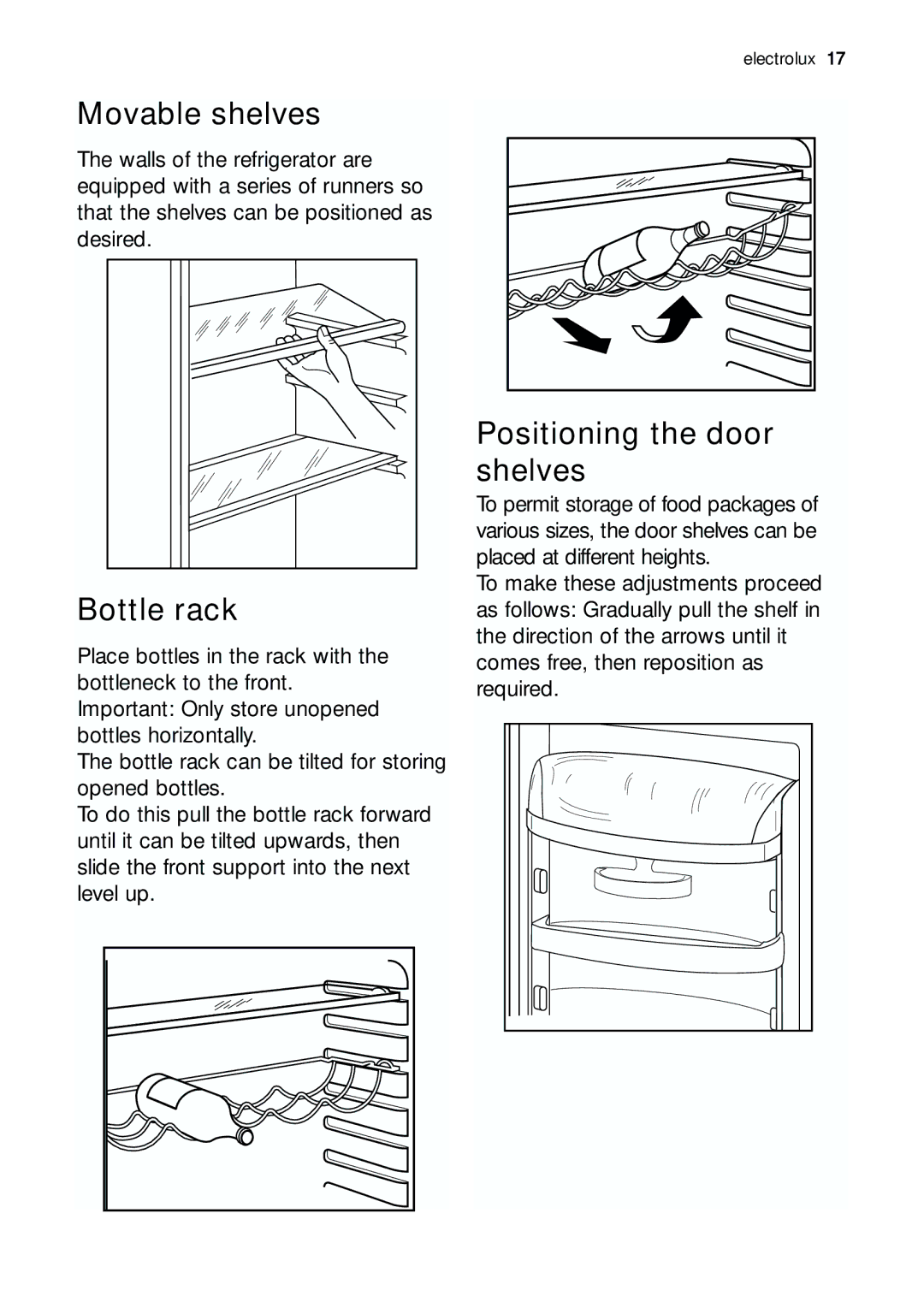 Electrolux ENB 43693 X user manual Movable shelves, Bottle rack, Positioning the door shelves 