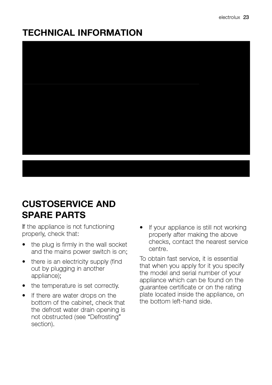 Electrolux ENB 43693 X user manual Technical Information, Custoservice and Spare Parts 