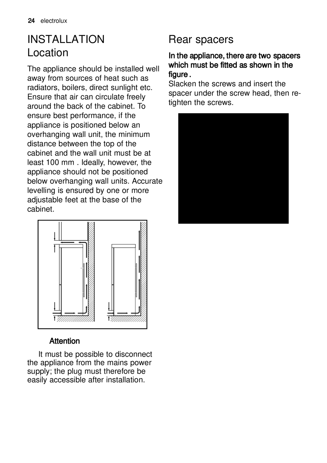 Electrolux ENB 43693 X user manual Installation, Location, Rear spacers 