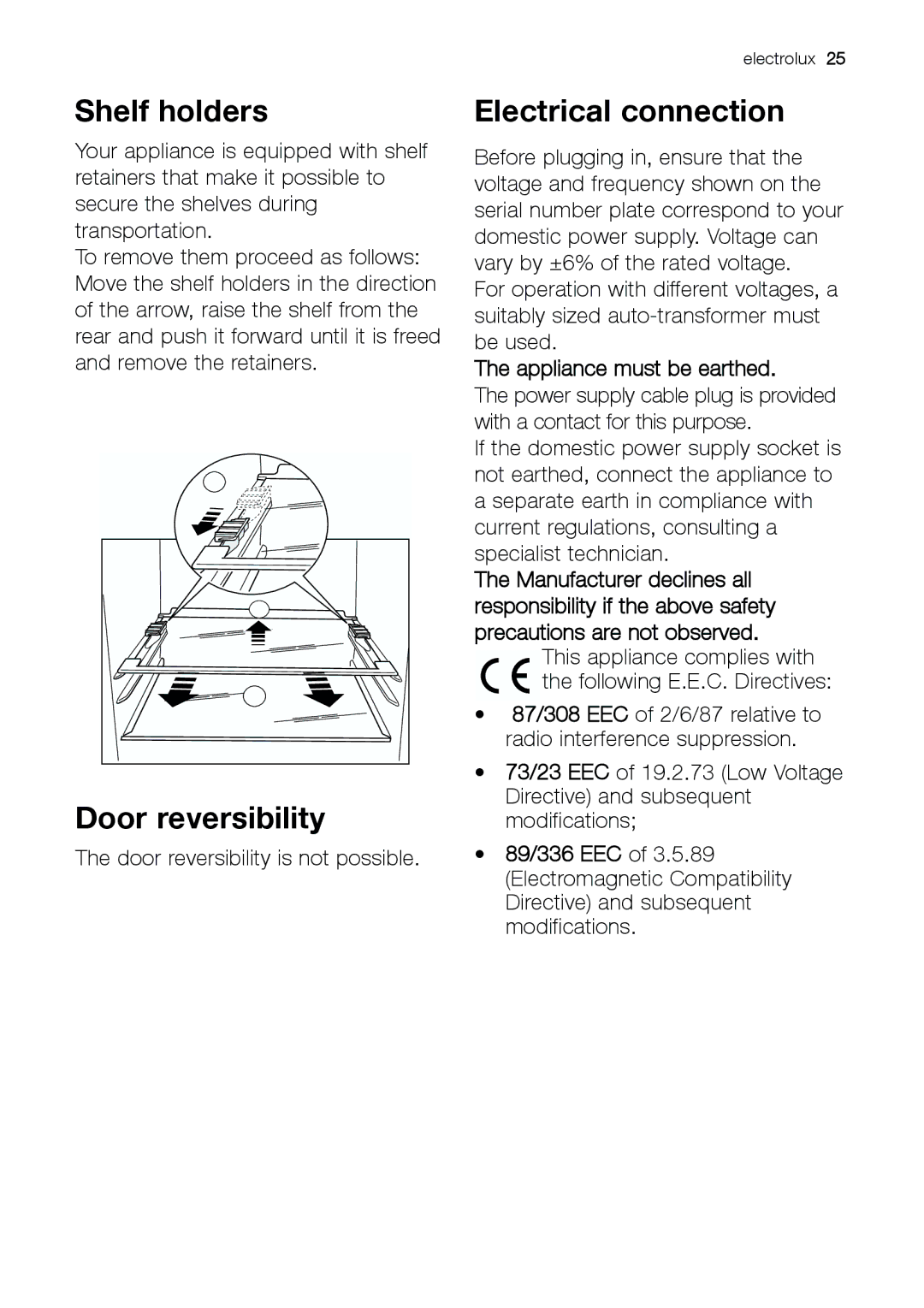 Electrolux ENB 43693 X user manual Shelf holders, Door reversibility, Electrical connection 