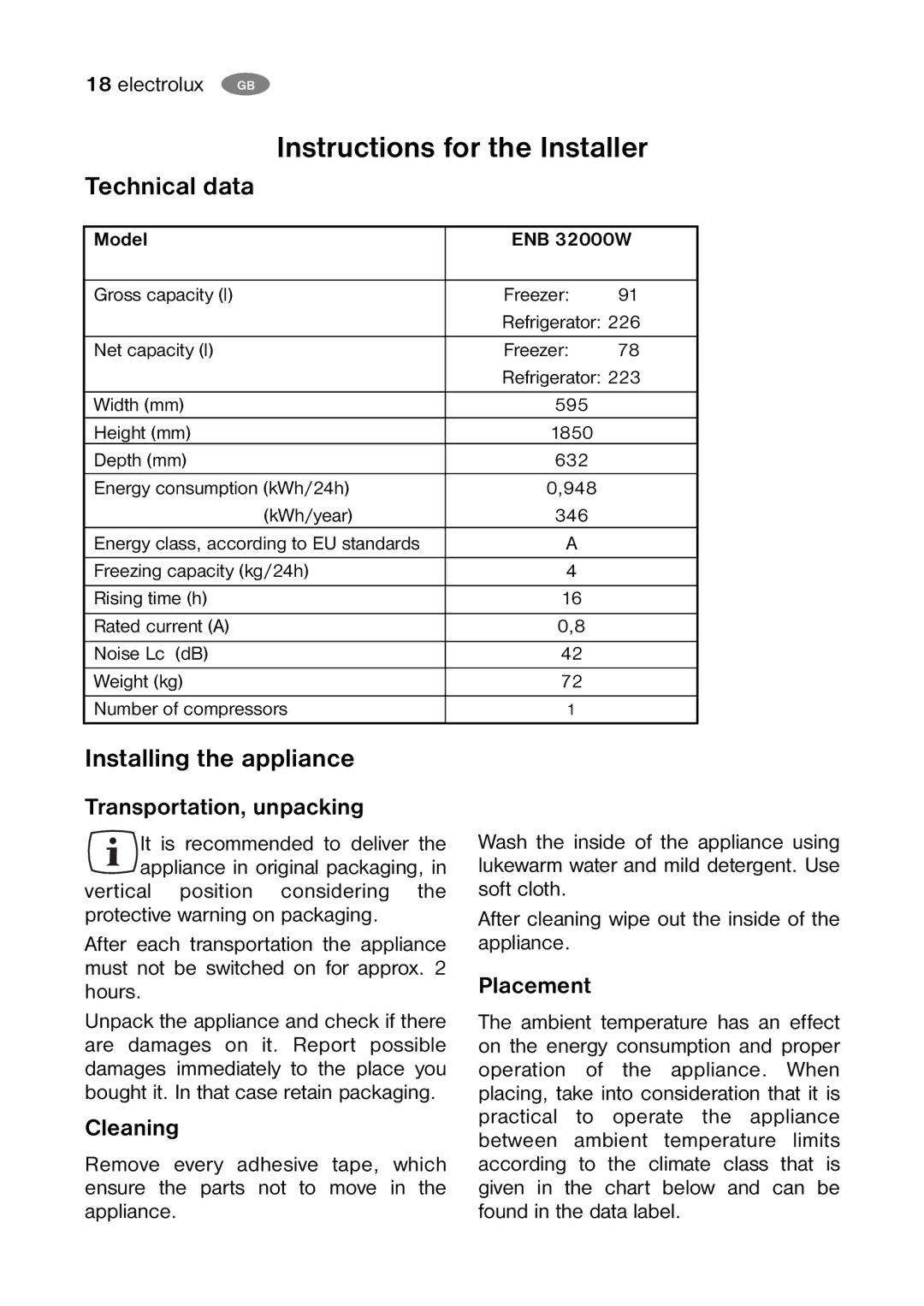 Electrolux ENB32000W user manual Instructions for the Installer, Technical data, Installing the appliance 