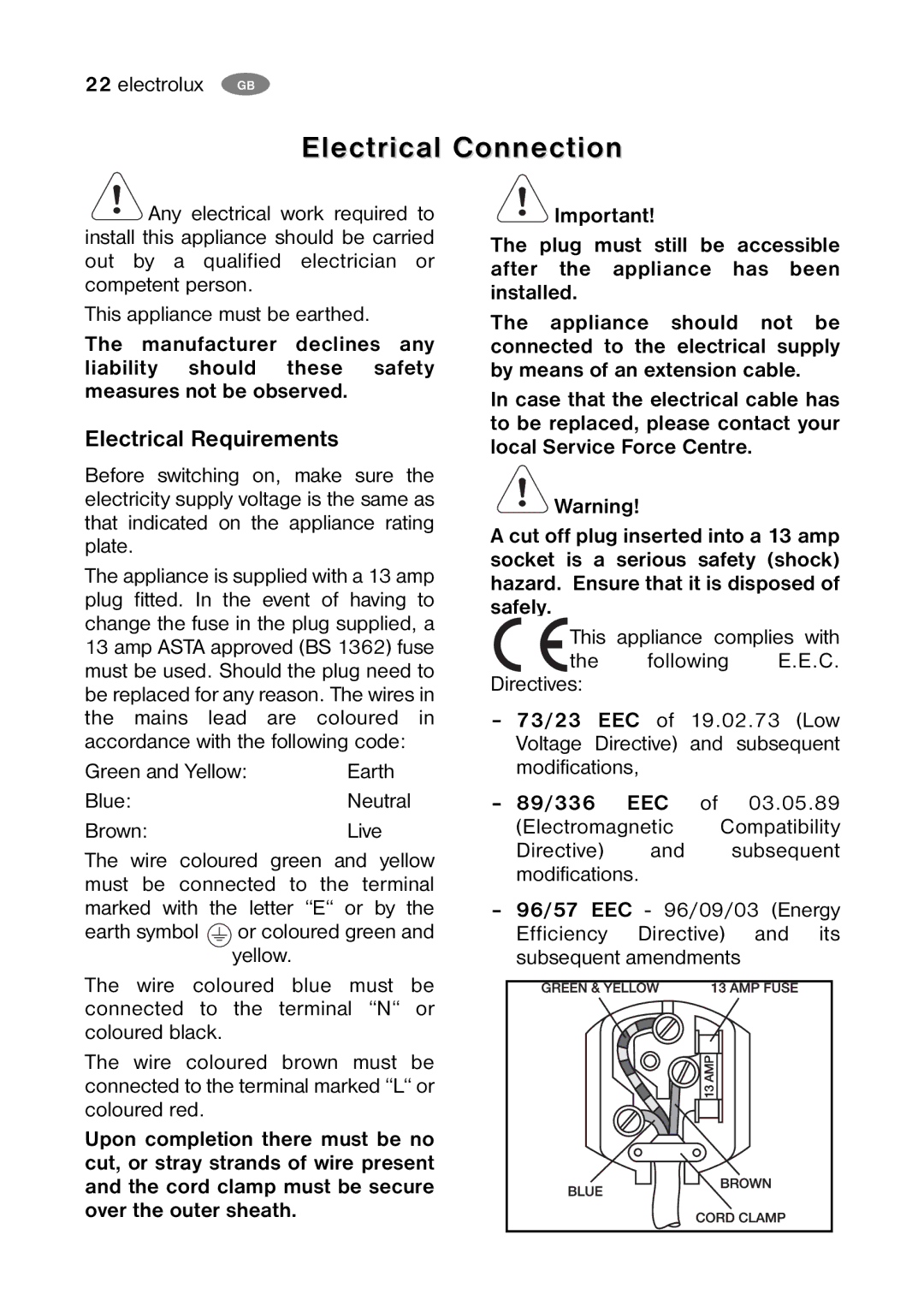 Electrolux ENB32000W user manual Electrical Connection, Electrical Requirements 