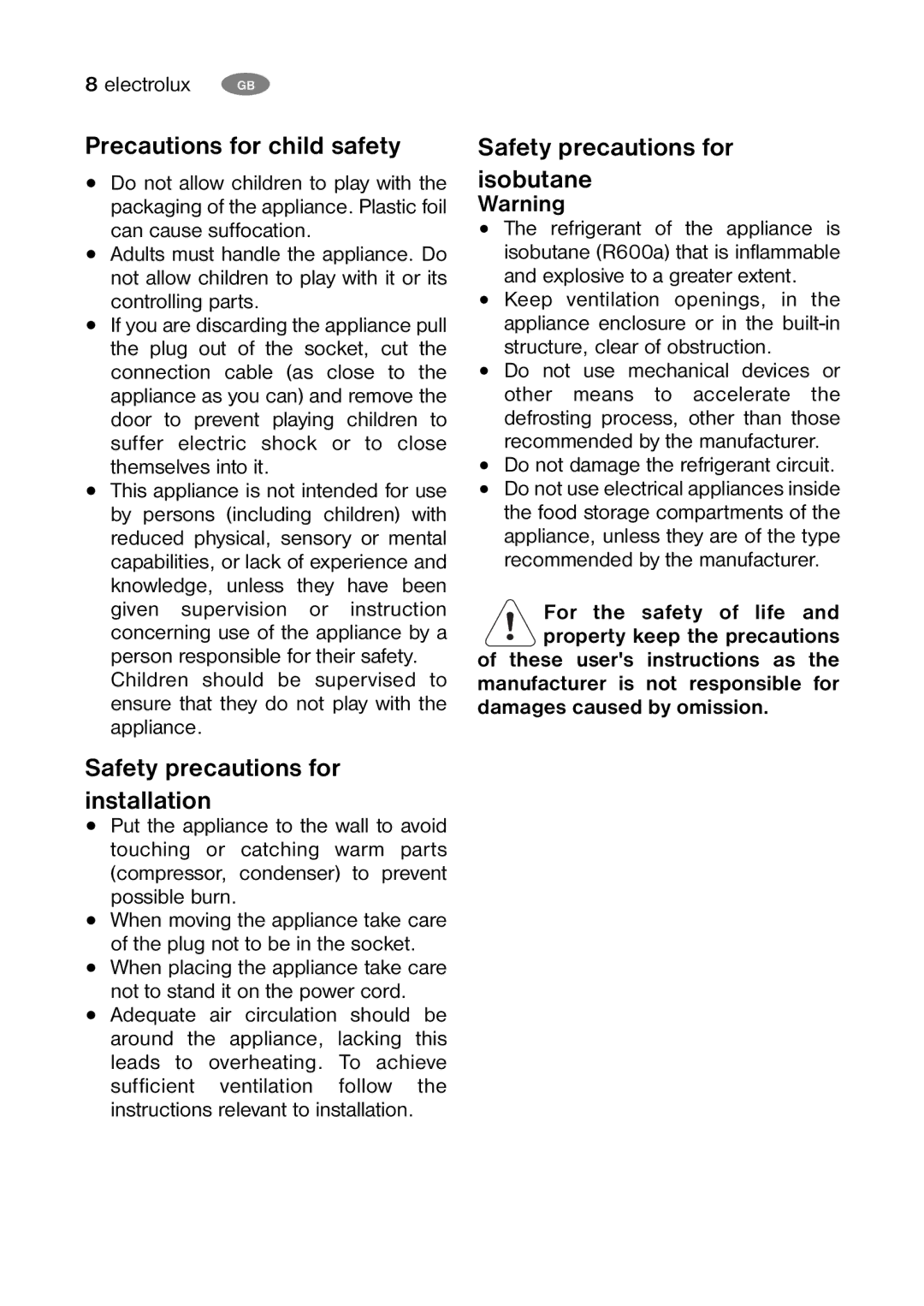 Electrolux ENB32000W Precautions for child safety, Safety precautions for installation, Safety precautions for isobutane 