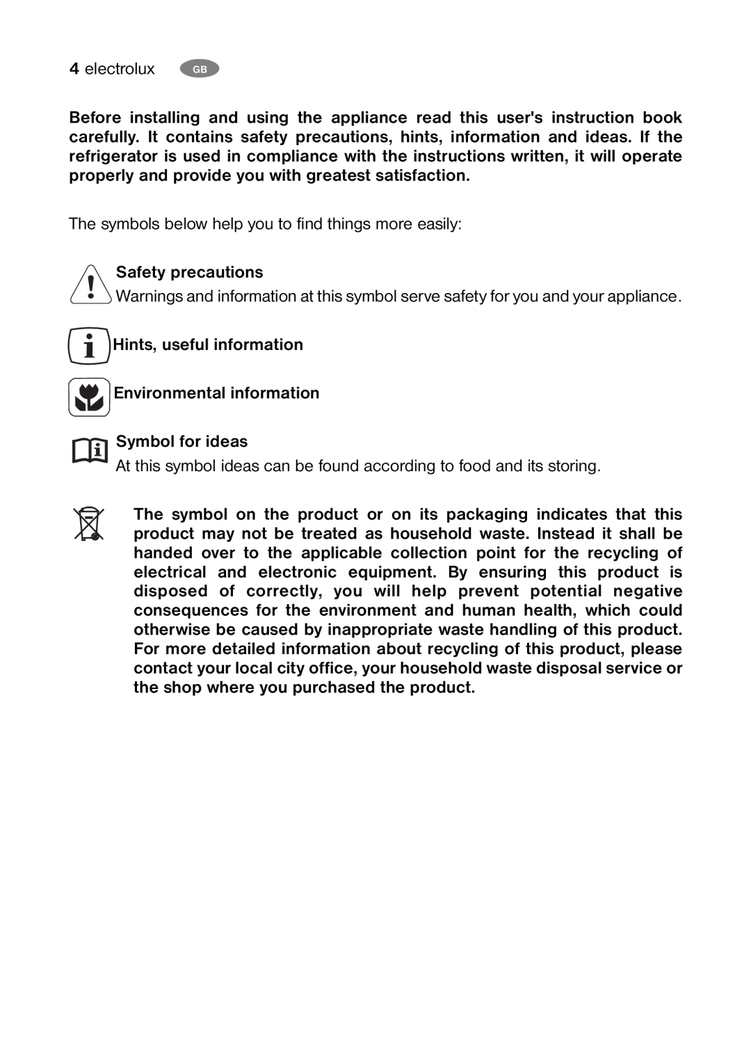 Electrolux ENB32000W Safety precautions, Hints, useful information Environmental information Symbol for ideas, electrolux 