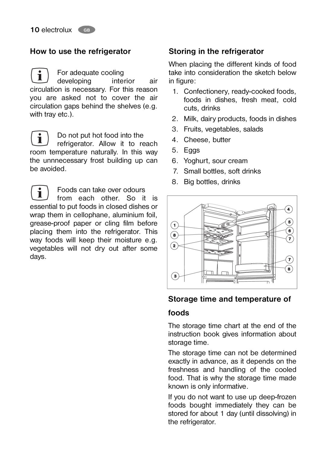 Electrolux ENB34000W How to use the refrigerator, Storing in the refrigerator, Storage time and temperature of foods 
