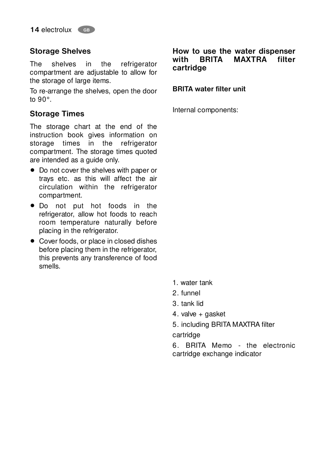 Electrolux ENB35405 S user manual Storage Shelves, Storage Times, Brita water filter unit 