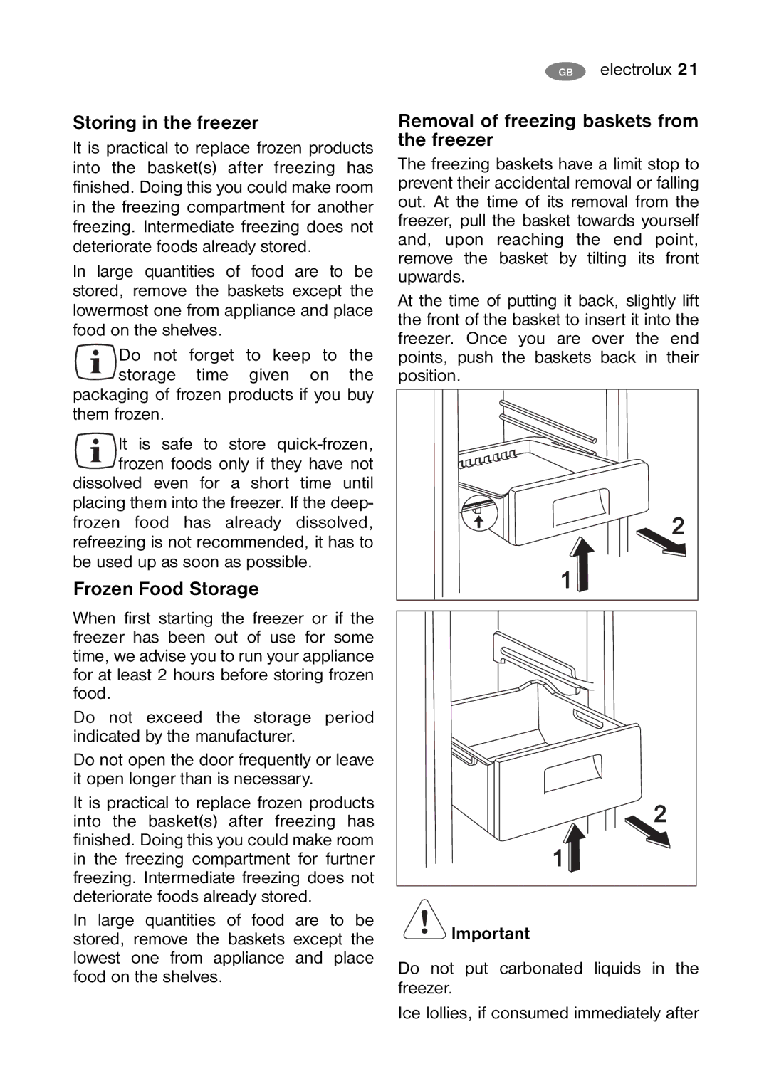 Electrolux ENB35405 S user manual Storing in the freezer, Frozen Food Storage, Removal of freezing baskets from the freezer 