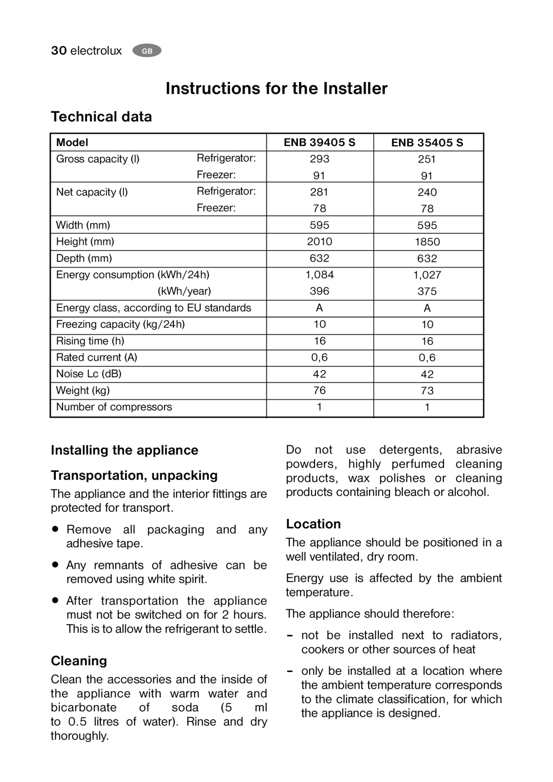 Electrolux ENB35405 S Instructions for the Installer, Technical data, Installing the appliance Transportation, unpacking 