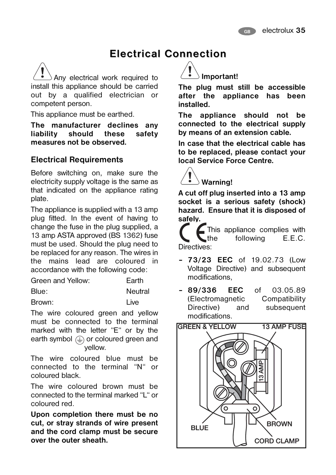 Electrolux ENB35405 S user manual Electrical Connection, Electrical Requirements, Green and Yellow, 89/336 EEC 