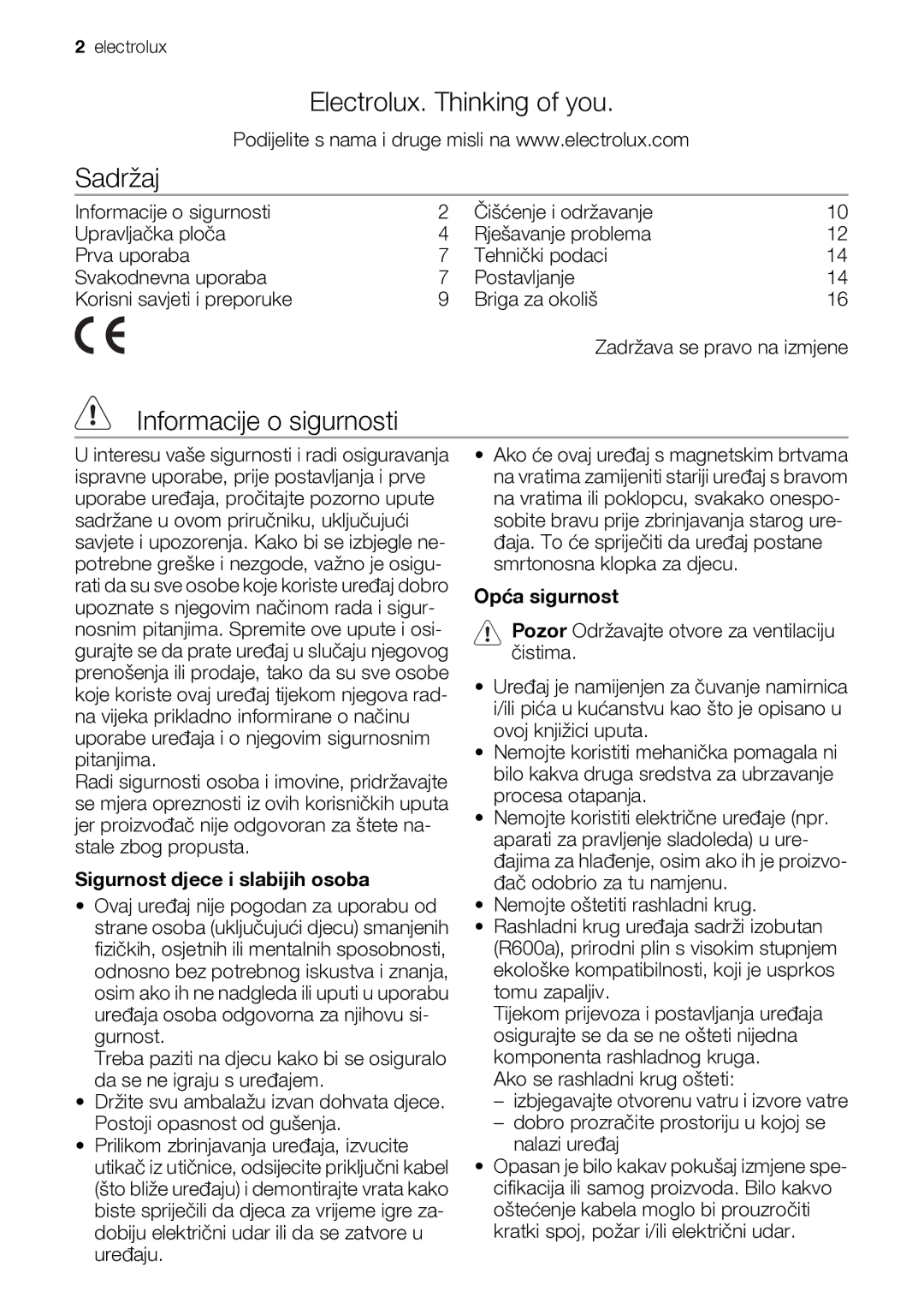 Electrolux ENB44693X Electrolux. Thinking of you Sadržaj, Informacije o sigurnosti, Sigurnost djece i slabijih osoba 