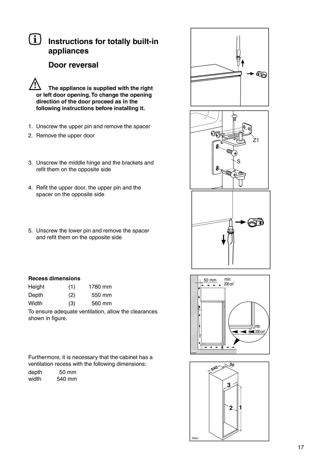 Electrolux ENN 26800 user manual Instructions for totally built-in appliances Door reversal, Z1 S, Recess dimensions 