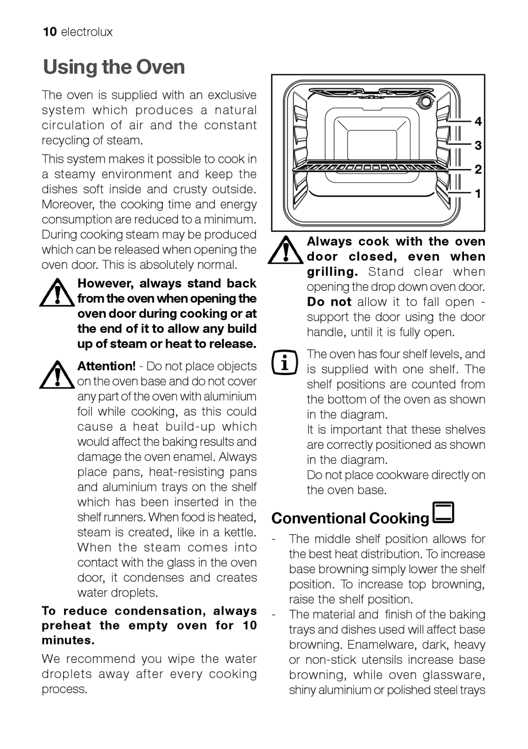 Electrolux EOB 21001 user manual Using the Oven, Conventional Cooking 