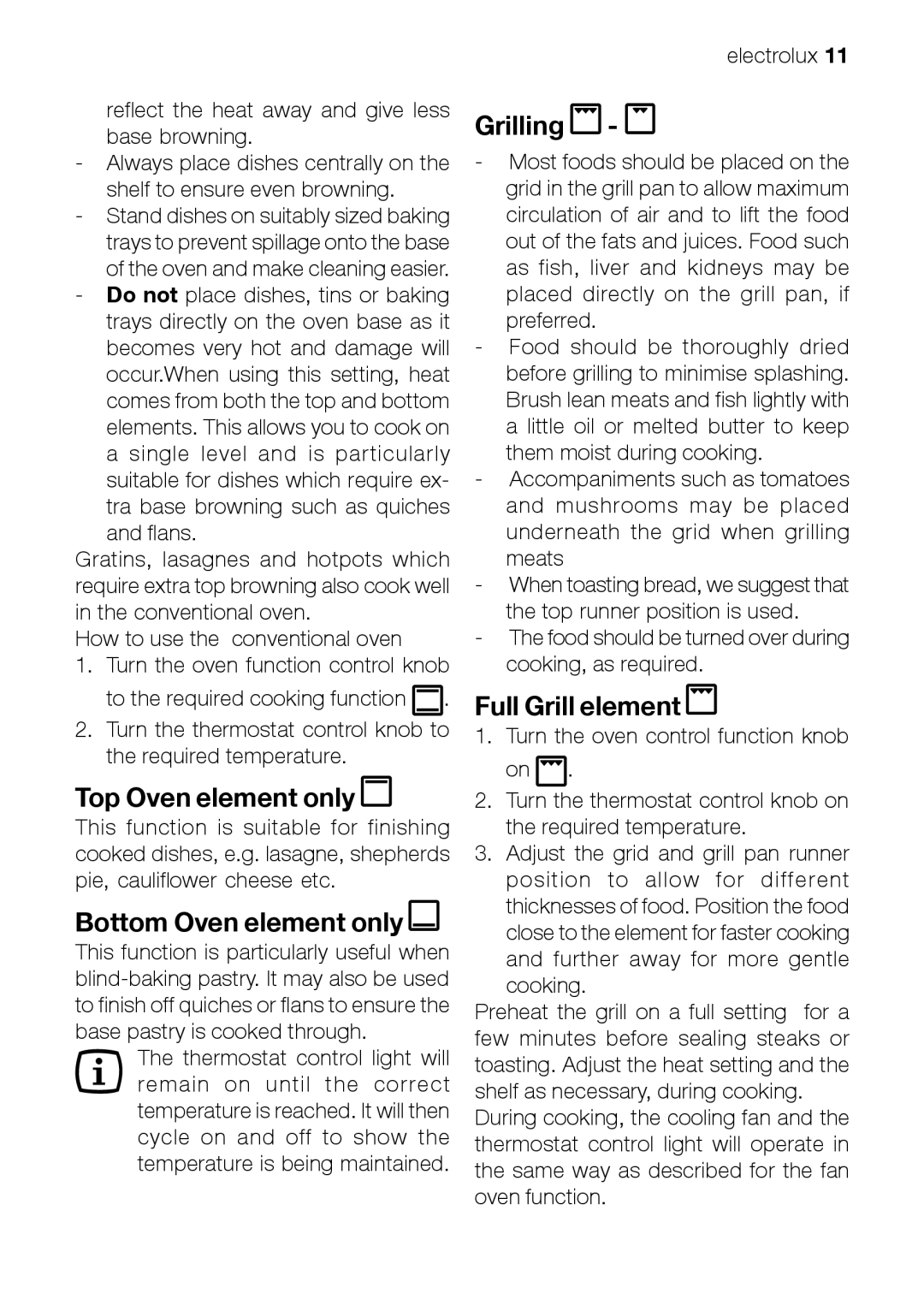 Electrolux EOB 21001 user manual Top Oven element only, Bottom Oven element only, Grilling, Full Grill element 