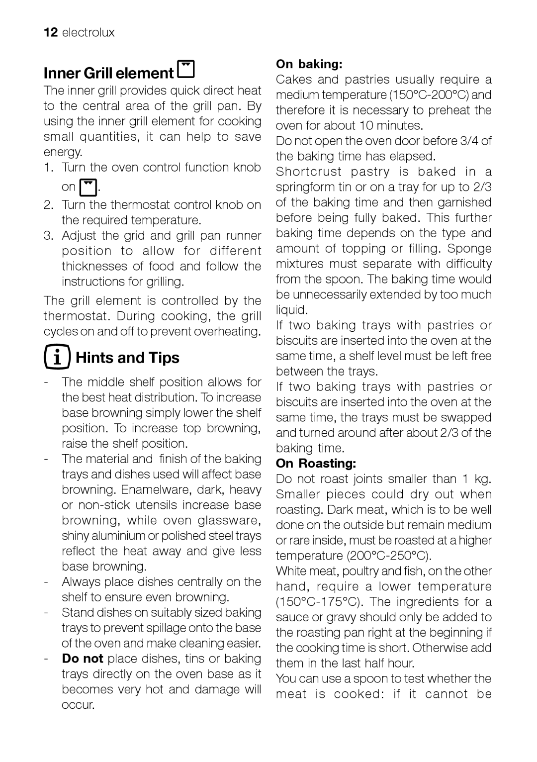 Electrolux EOB 21001 user manual Inner Grill element, Hints and Tips 