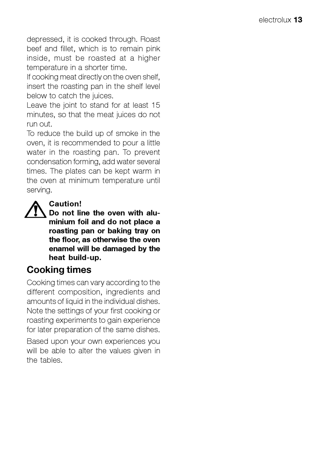 Electrolux EOB 21001 user manual Cooking times 