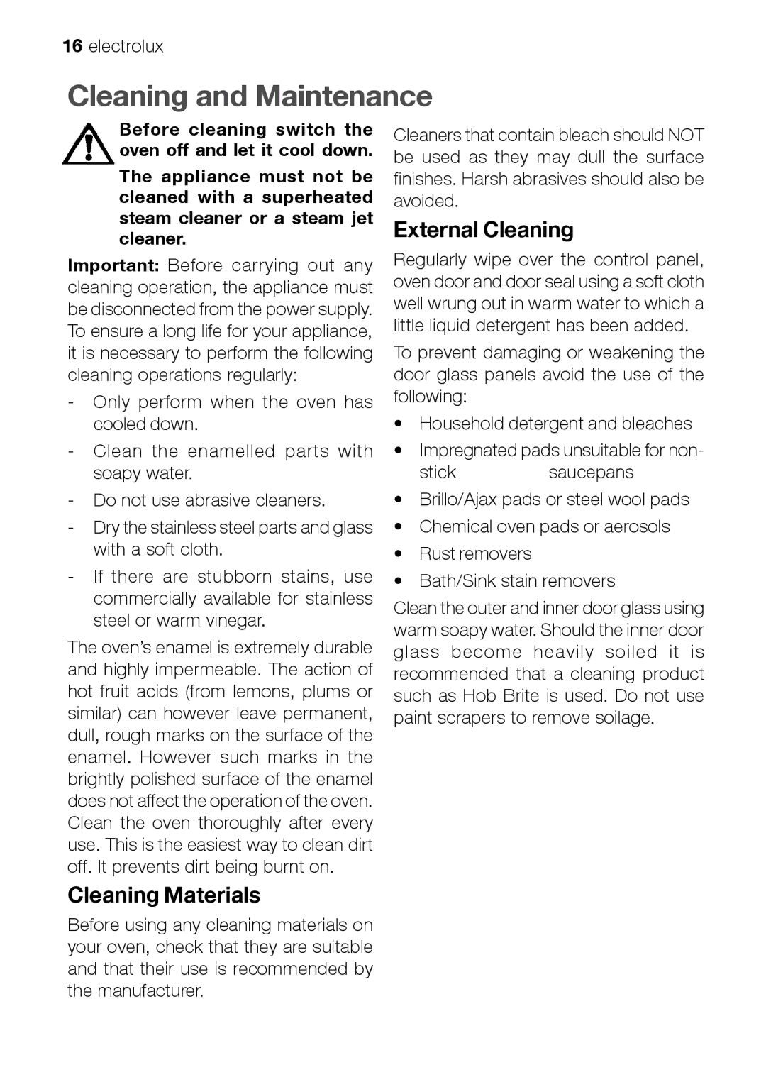 Electrolux EOB 21001 user manual Cleaning and Maintenance, External Cleaning, Cleaning Materials 