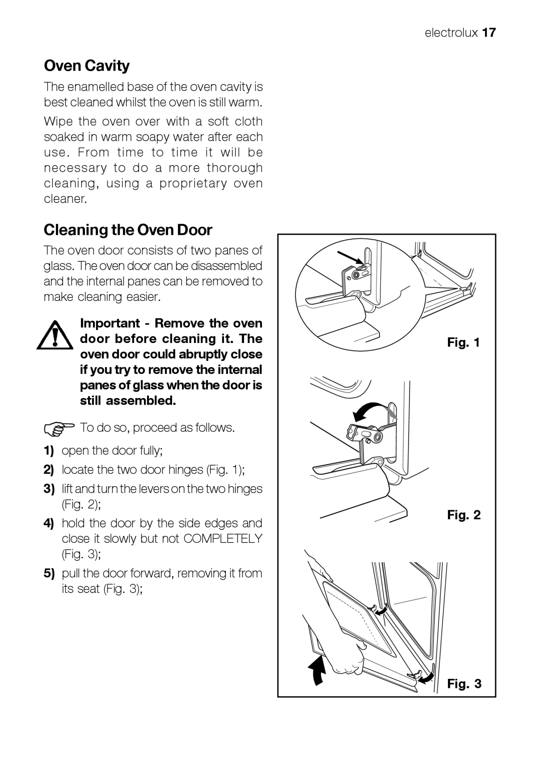 Electrolux EOB 21001 user manual Oven Cavity, Cleaning the Oven Door 