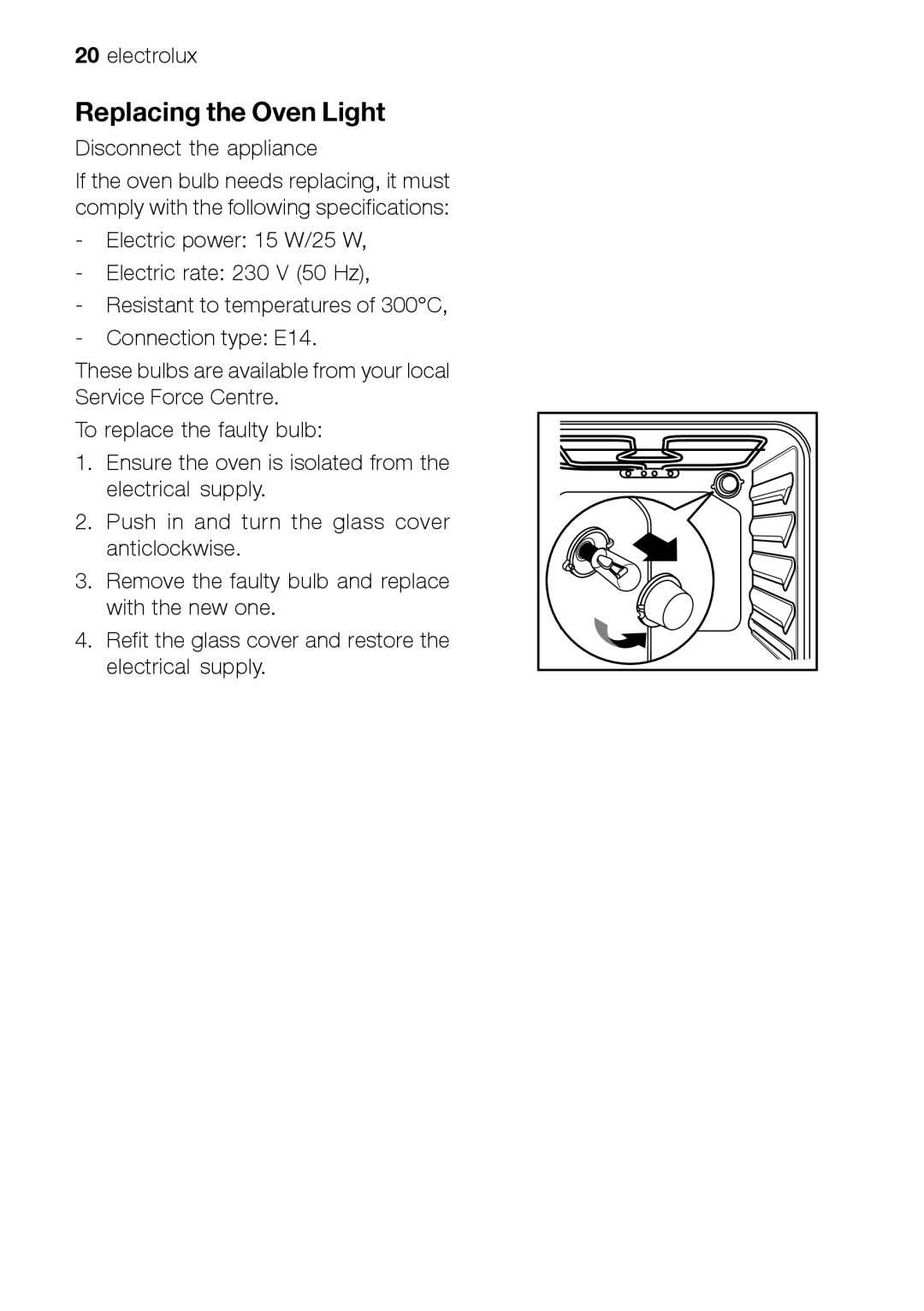 Electrolux EOB 21001 user manual Replacing the Oven Light 