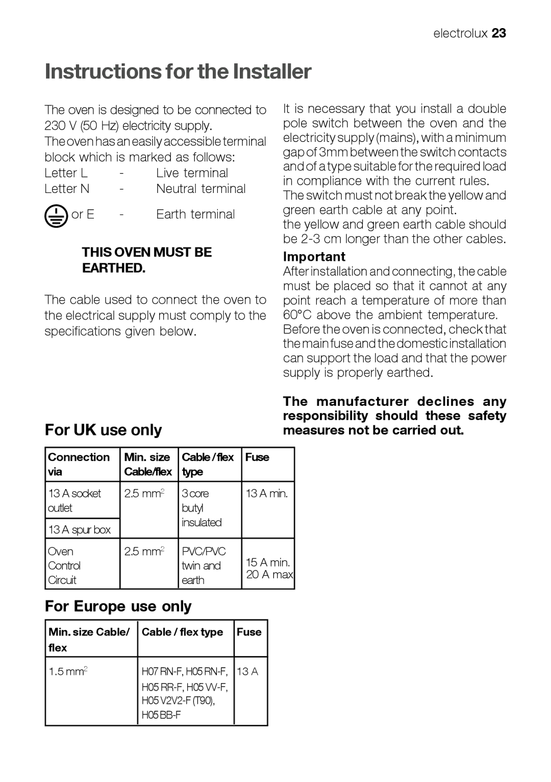 Electrolux EOB 21001 user manual Instructions for the Installer, For UK use only, For Europe use only 