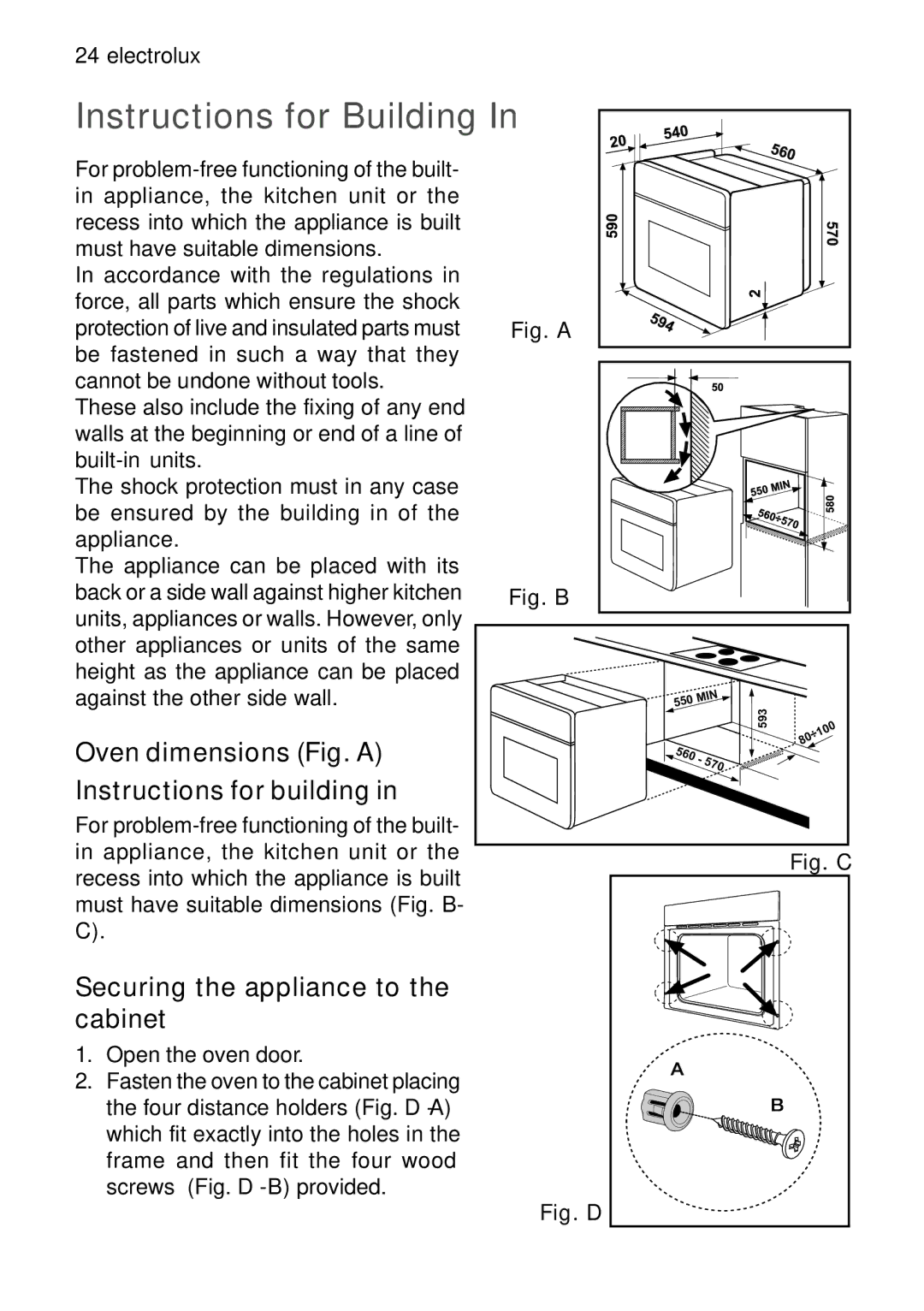 Electrolux EOB 21001 user manual Instructions for Building, Oven dimensions Fig. a Instructions for building 