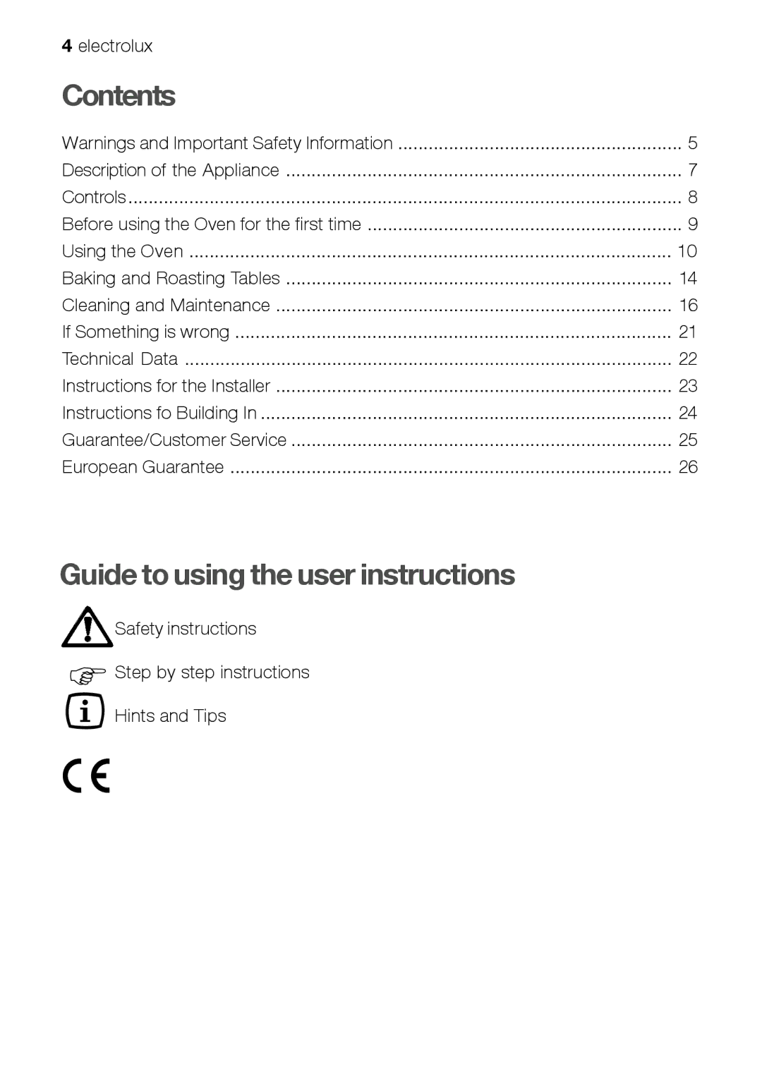 Electrolux EOB 21001 user manual Contents, Guide to using the user instructions 