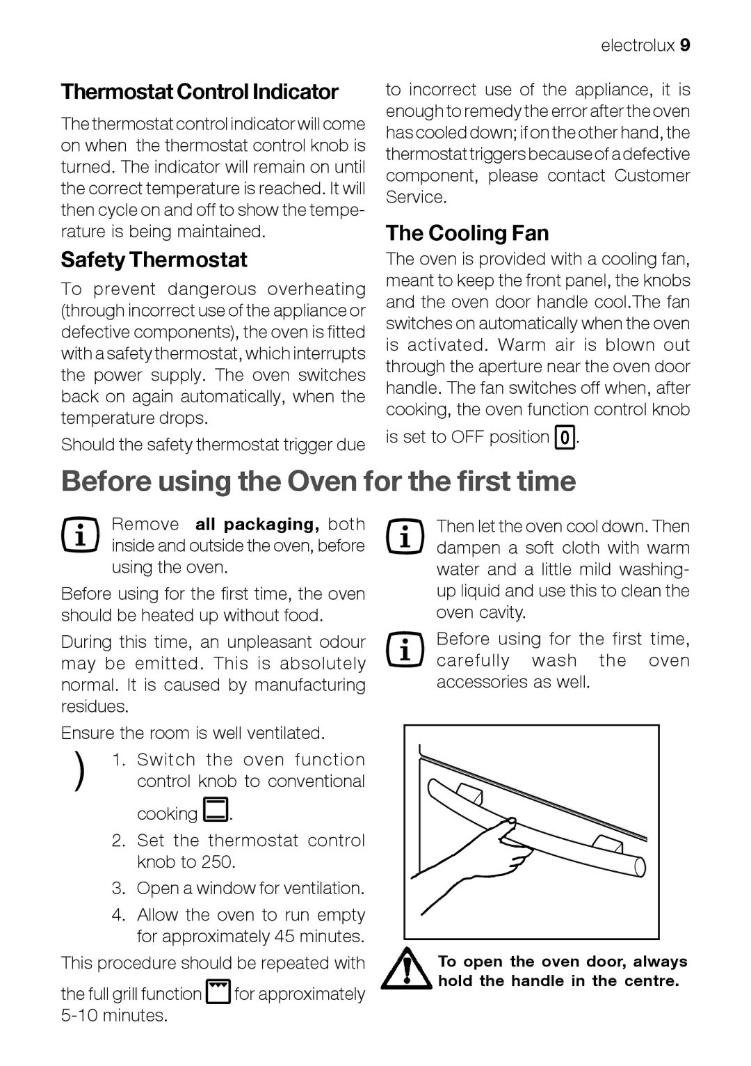 Electrolux EOB 21001 user manual Before using the Oven for the first time, Thermostat Control Indicator, Safety Thermostat 