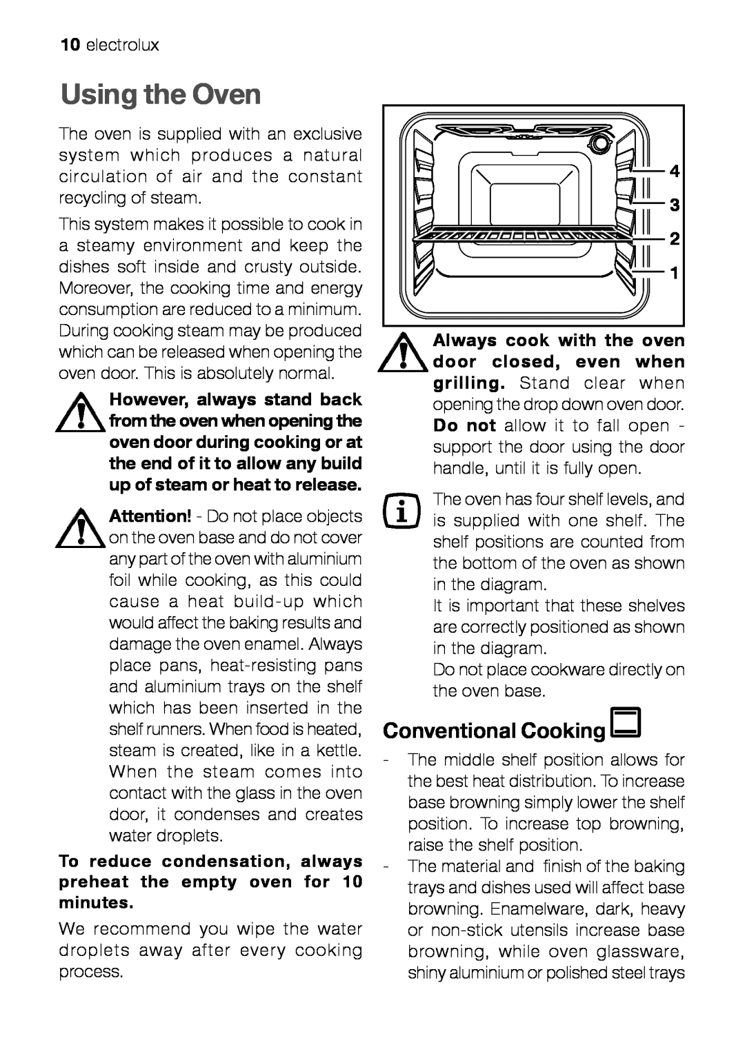 Electrolux EOB 21001 user manual Using the Oven, Conventional Cooking 