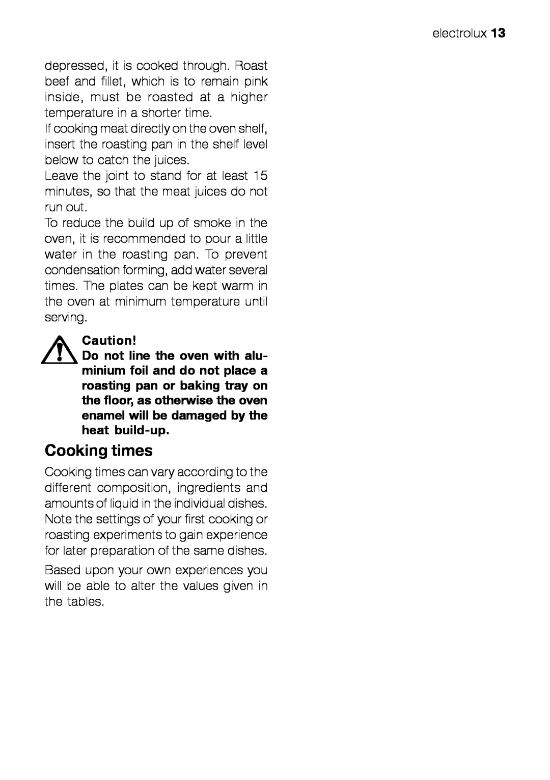 Electrolux EOB 21001 user manual Cooking times 