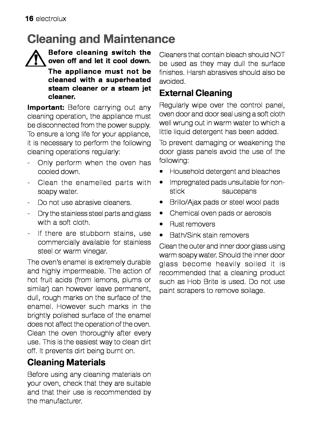 Electrolux EOB 21001 user manual Cleaning and Maintenance, External Cleaning, Cleaning Materials 