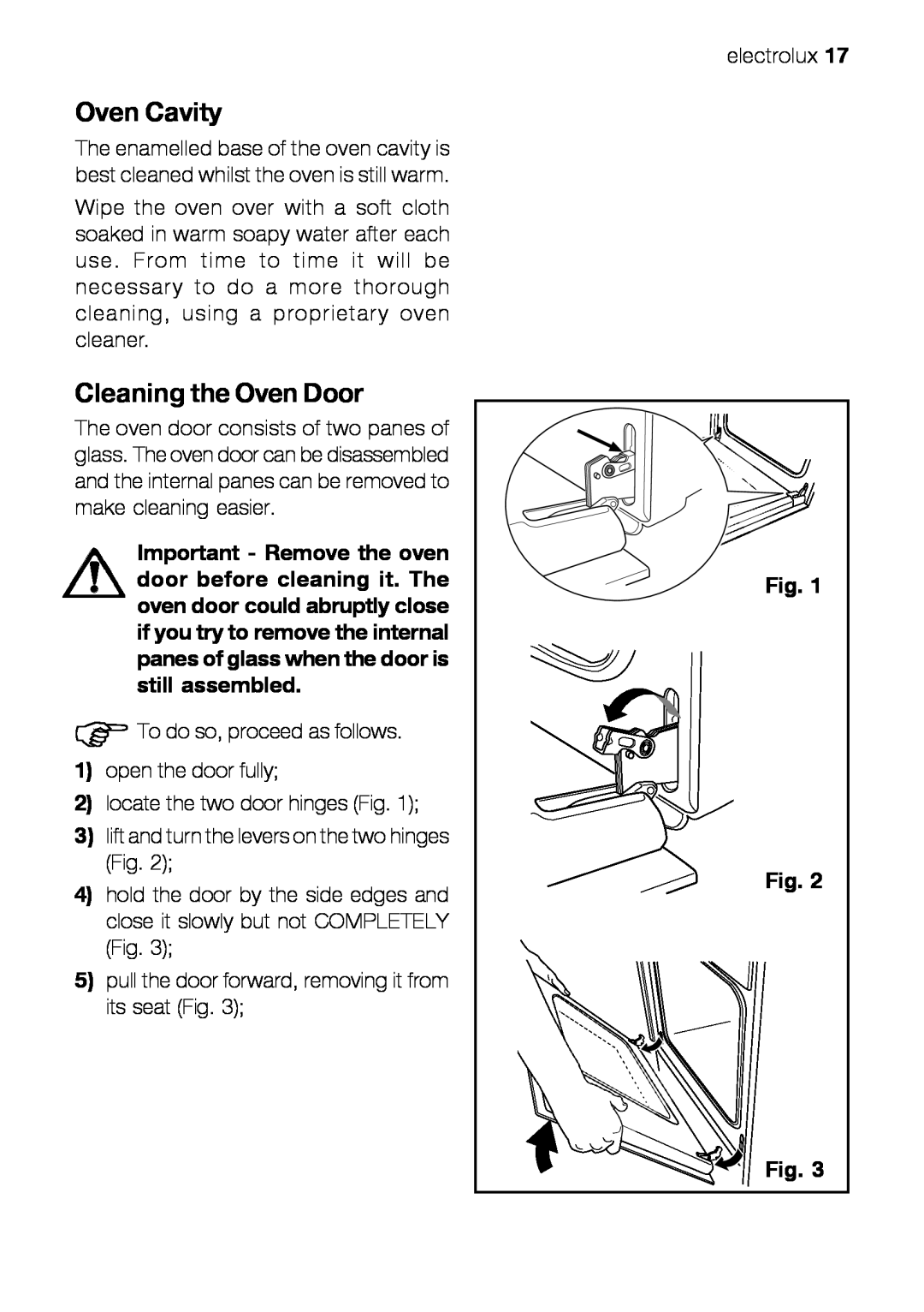 Electrolux EOB 21001 user manual Oven Cavity, Cleaning the Oven Door 