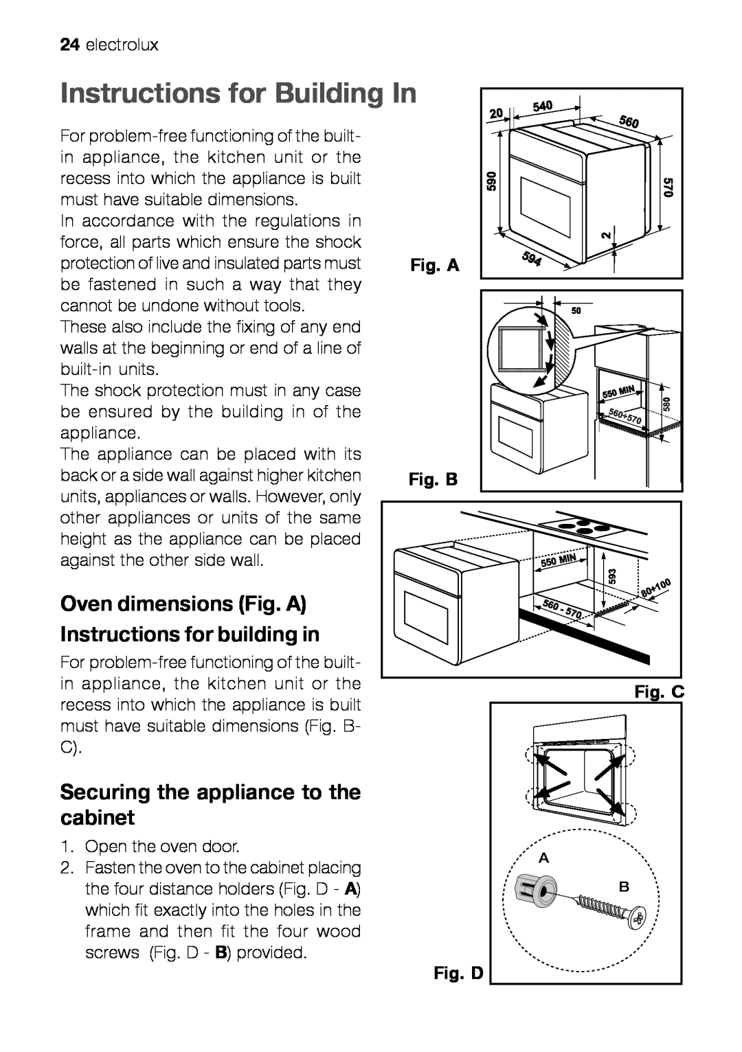 Electrolux EOB 21001 Instructions for Building In, Oven dimensions Fig. A Instructions for building in, Fig. A Fig. B 