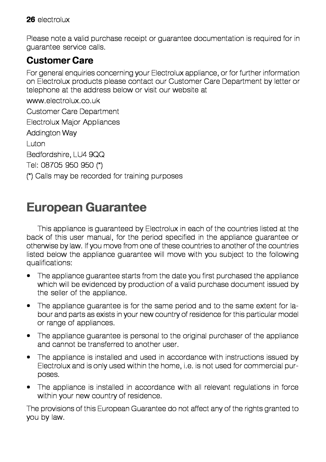 Electrolux EOB 21001 user manual European Guarantee, Customer Care 