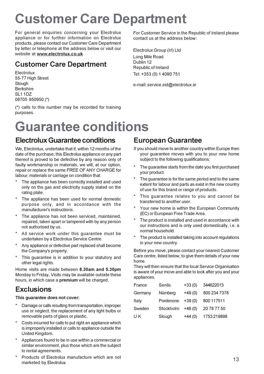 Electrolux EOB 2700 manual Customer Care Department, Guarantee conditions 