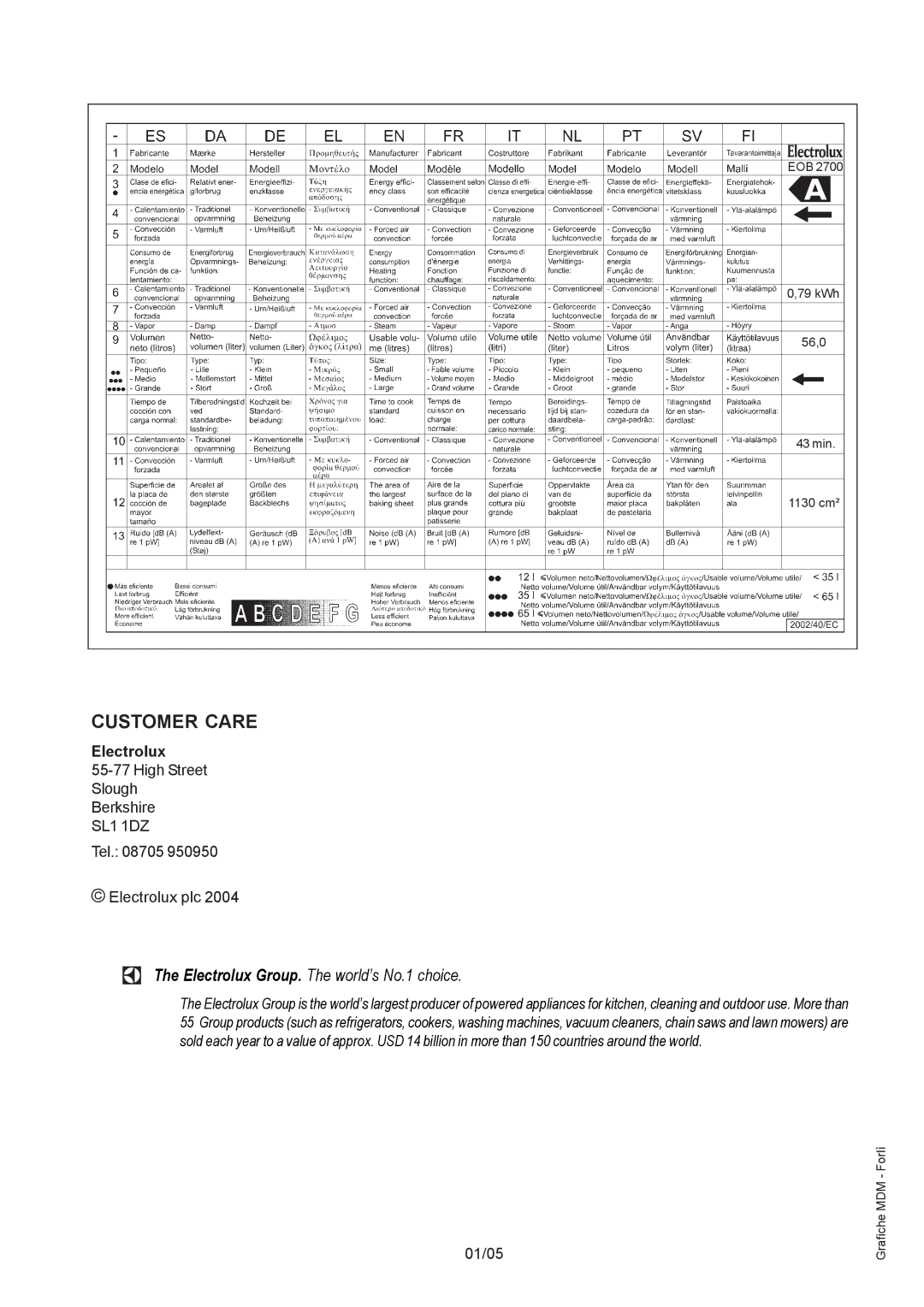 Electrolux EOB 2700 manual Tel Electrolux plc, 01/05 