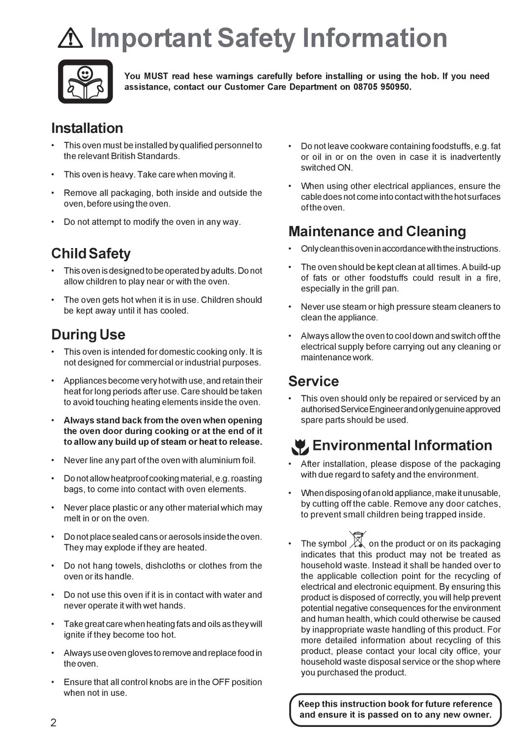 Electrolux EOB 2700 manual Important Safety Information 