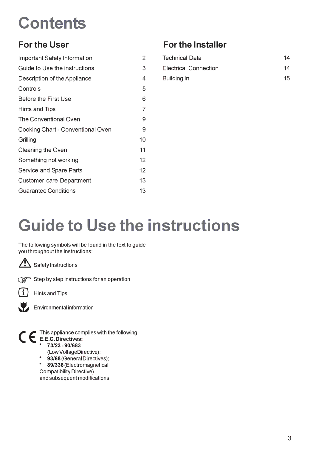 Electrolux EOB 2700 manual Contents, Guide to Use the instructions 