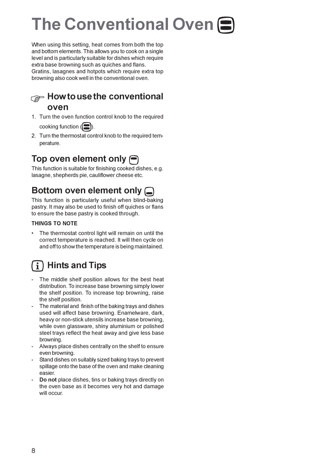 Electrolux EOB 2700 Conventional Oven, Howovento use the conventional, Top oven element only, Bottom oven element only 