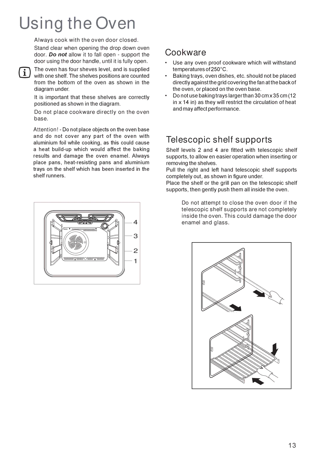 Electrolux EOB 4760 Using the Oven, Cookware, Telescopic shelf supports, Do not place cookware directly on the oven base 