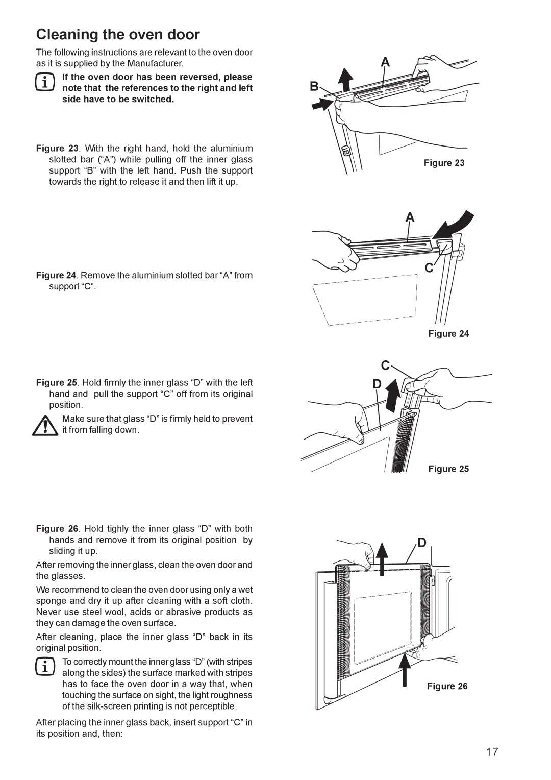 Electrolux EOB 4760 manual Cleaning the oven door, Remove the aluminium slotted bar a from support C 