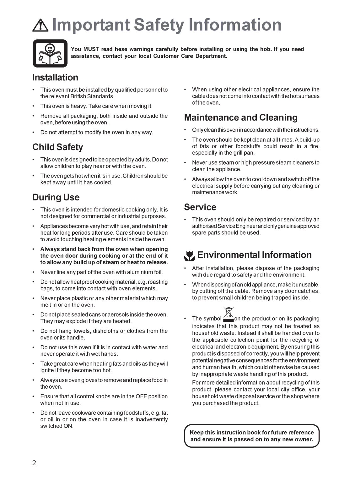 Electrolux EOB 4760 manual Important Safety Information 