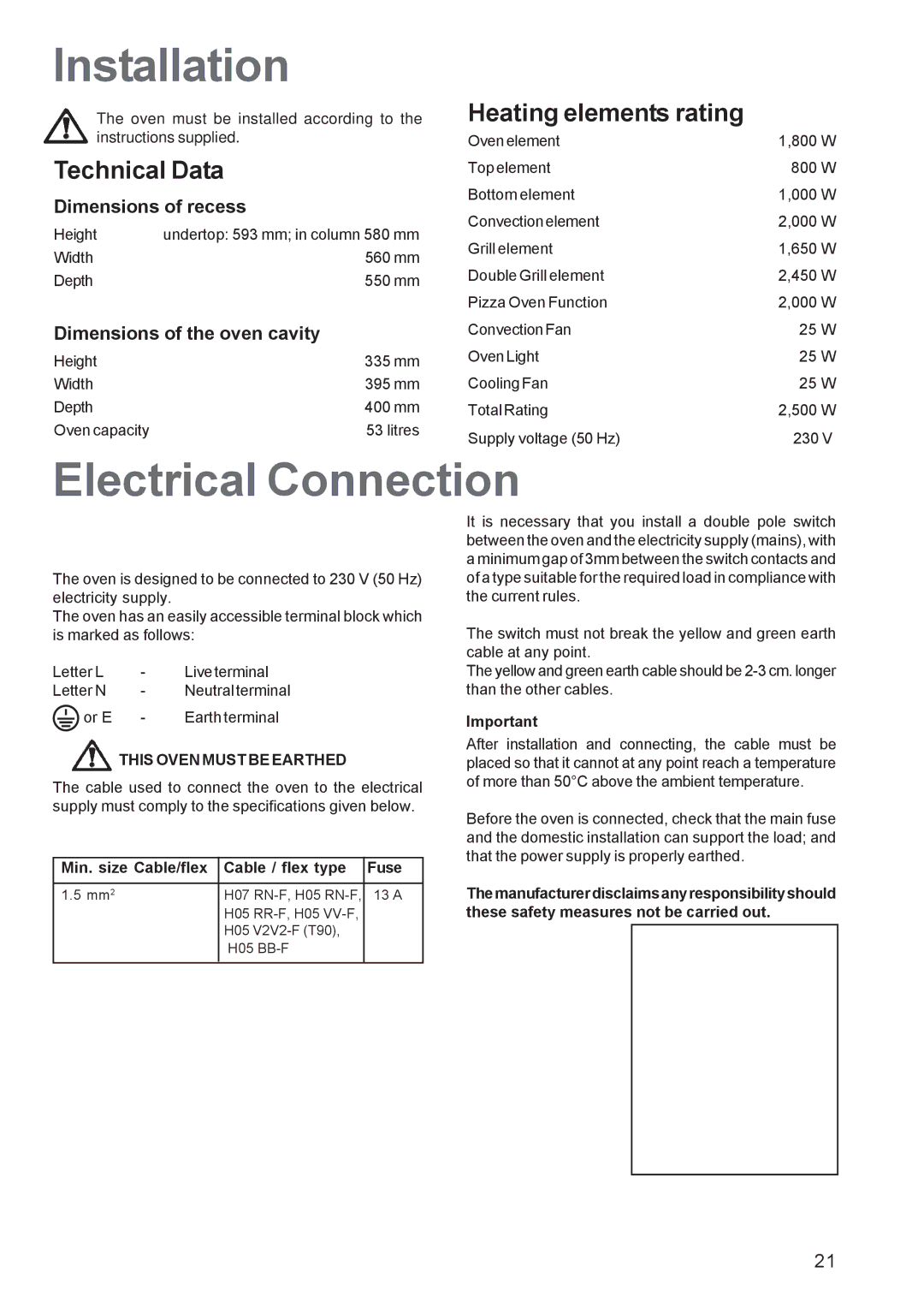 Electrolux EOB 4760 manual Installation, Electrical Connection, Technical Data, Heating elements rating 