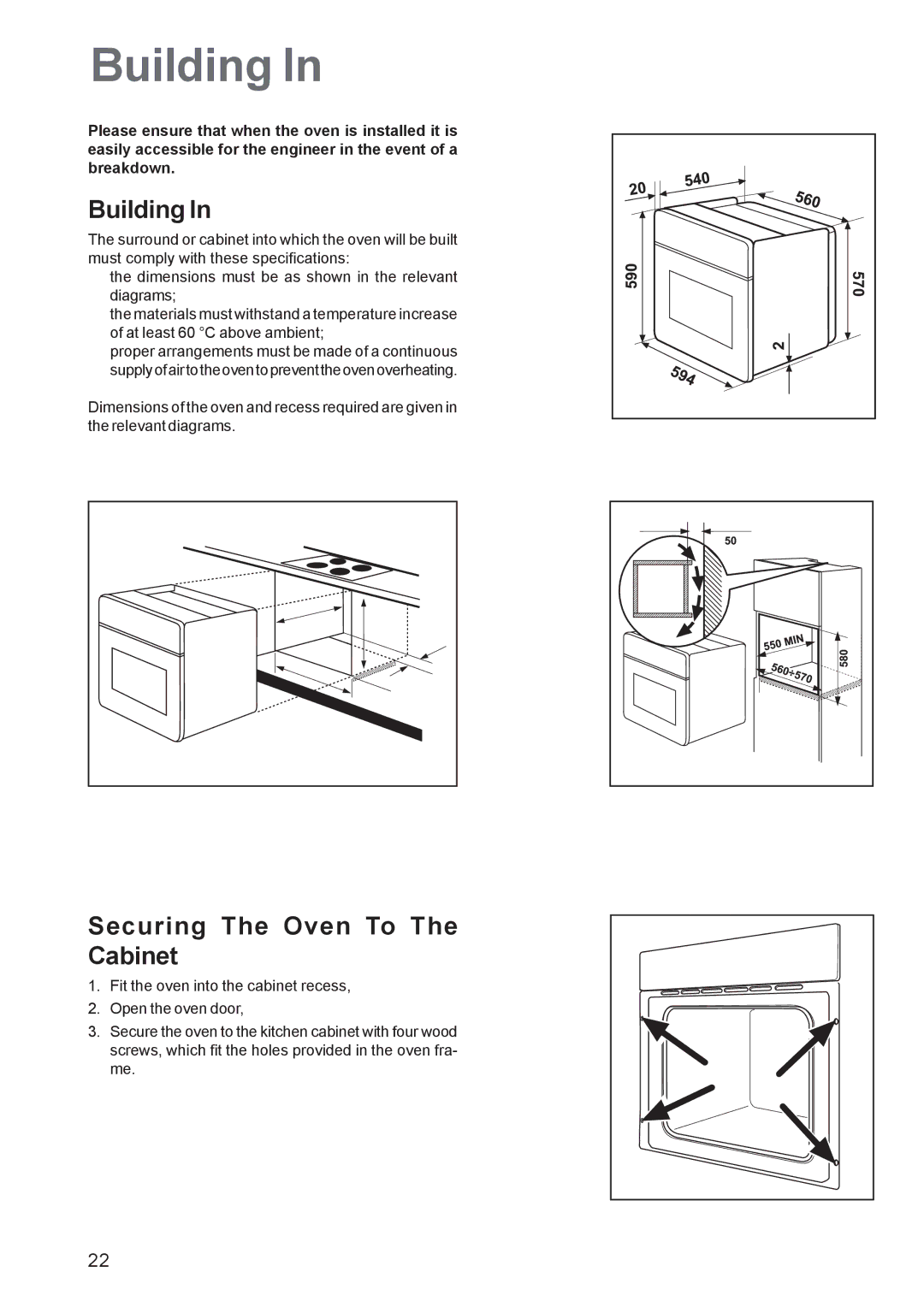 Electrolux EOB 4760 manual Building, Securing The Oven To The Cabinet, 570 