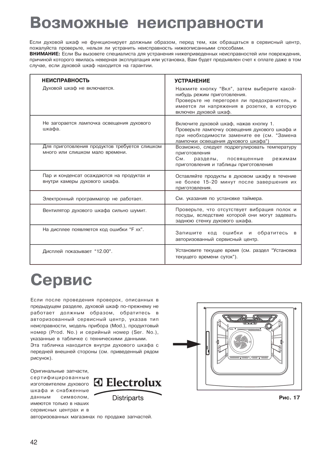 Electrolux EOB 4760 manual Возможные неисправности, Сервис 