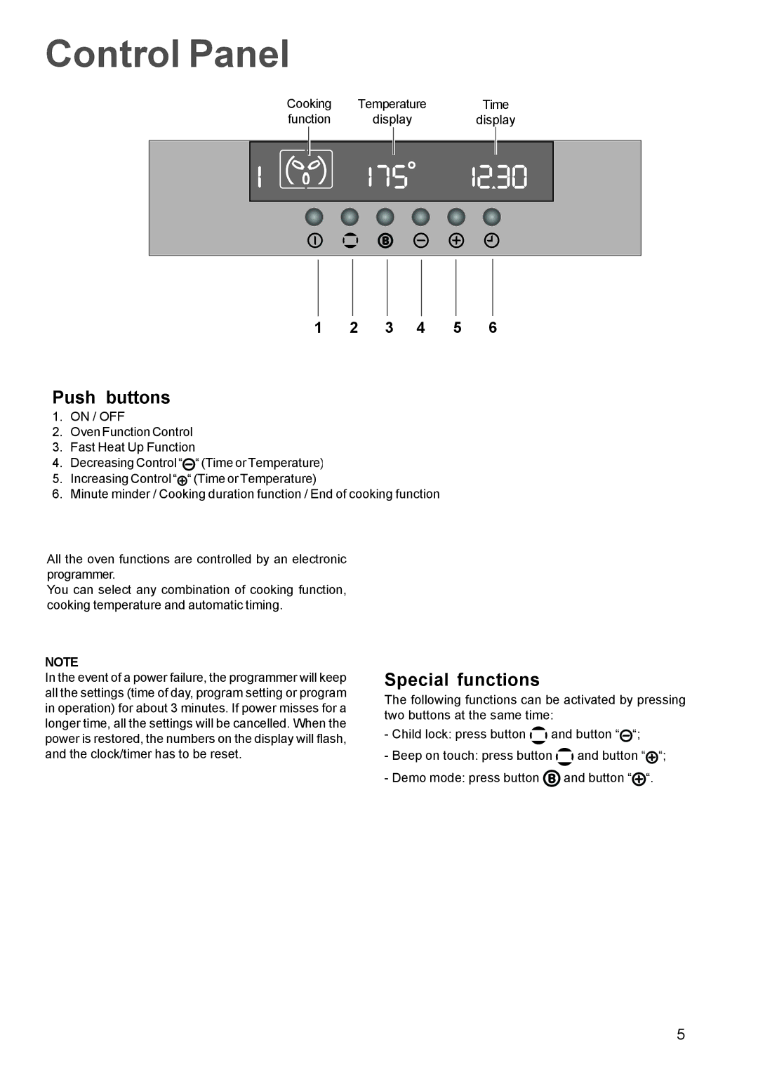 Electrolux EOB 4760 manual Control Panel, Push buttons, Special functions 