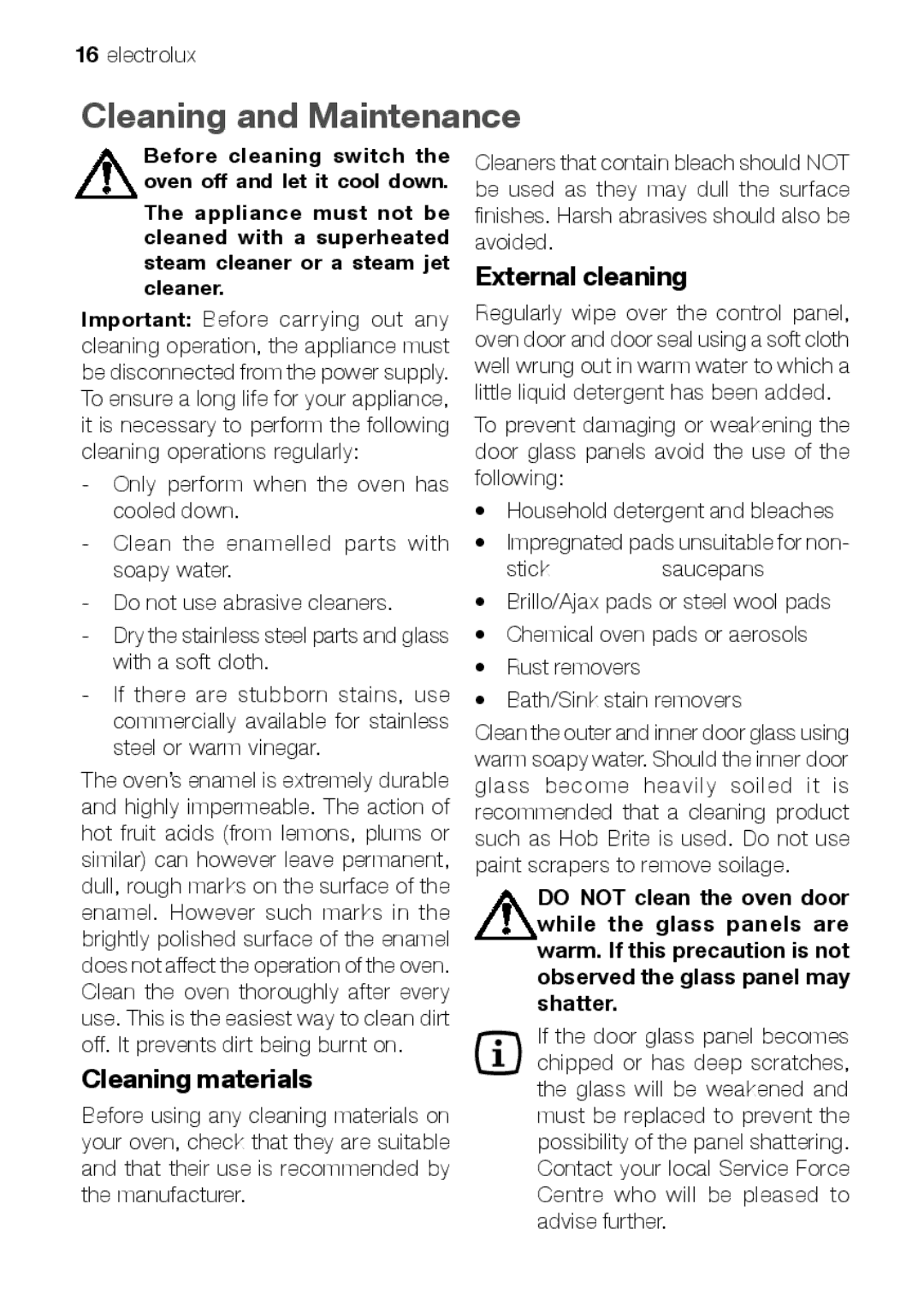 Electrolux EOB 51001 manual Cleaning and Maintenance, Cleaning materials, External cleaning 