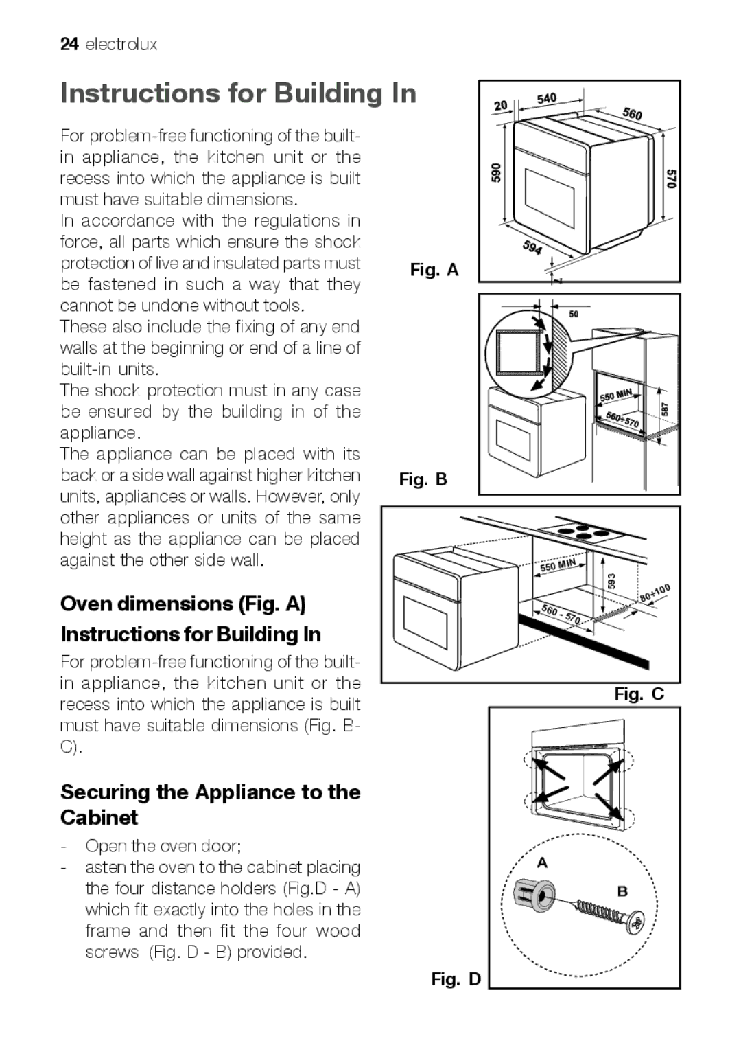 Electrolux EOB 51001 manual Oven dimensions Fig. a Instructions for Building, Securing the Appliance to the Cabinet 