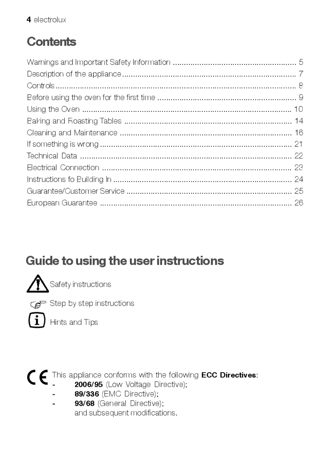 Electrolux EOB 51001 manual Contents, Guide to using the user instructions 